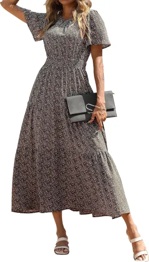 PRETTYGARDEN Women's Summer Casual Short Flutter Sleeve Round Neck Smocked Waist Tiered Boho Floral Flowy Maxi Dress