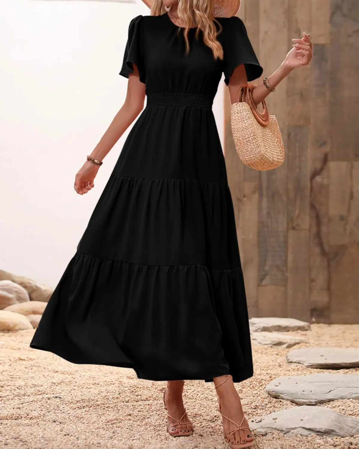 PRETTYGARDEN Women's Summer Casual Short Flutter Sleeve Round Neck Smocked Waist Tiered Boho Floral Flowy Maxi Dress