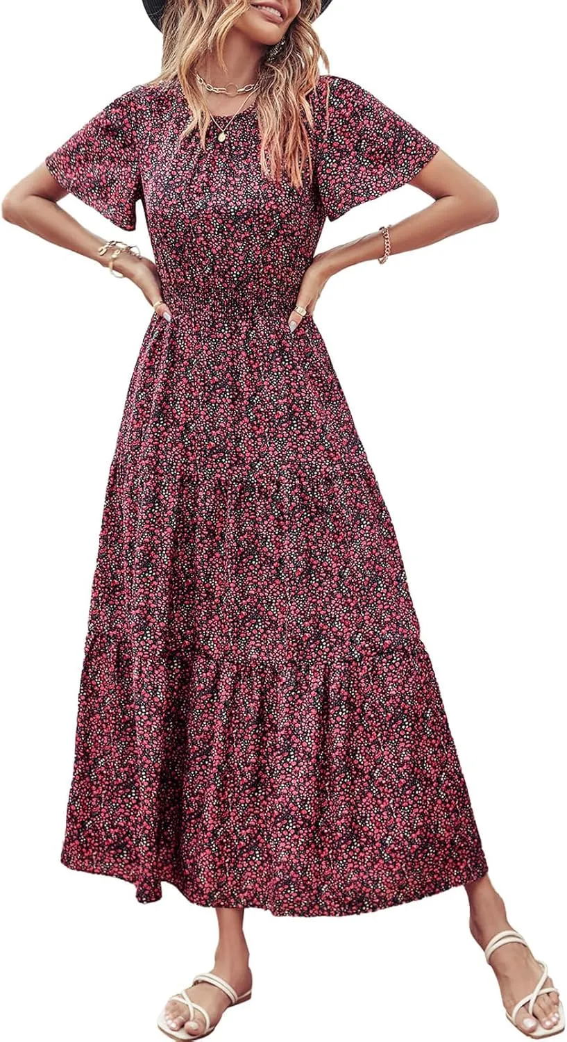 PRETTYGARDEN Women's Summer Casual Short Flutter Sleeve Round Neck Smocked Waist Tiered Boho Floral Flowy Maxi Dress