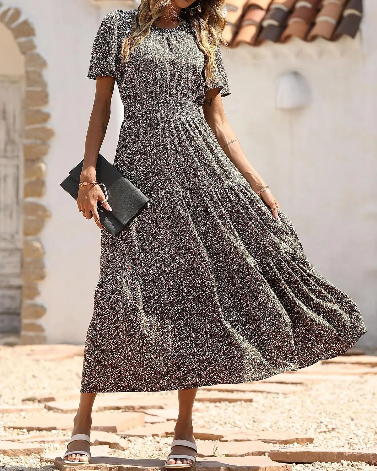 PRETTYGARDEN Women's Summer Casual Short Flutter Sleeve Round Neck Smocked Waist Tiered Boho Floral Flowy Maxi Dress