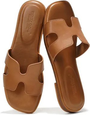 Project Cloud Genuine Leather Summer Sandals for Women 2025 - Comfortable Memory Foam Insole Slides and Non Slip Fashion Flat Womens Sandals (Jannel)