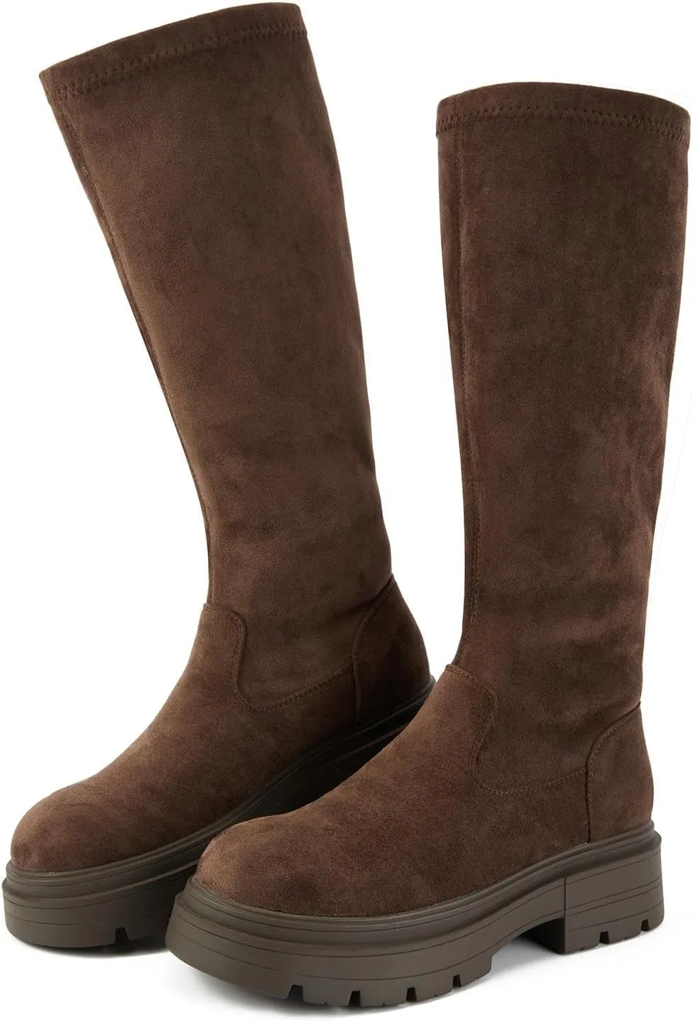 Putu Women's Platform Knee High Boots, Comfortable Faux Suede Chunky Block Heel Boots Round Toe Pull On Long Boots