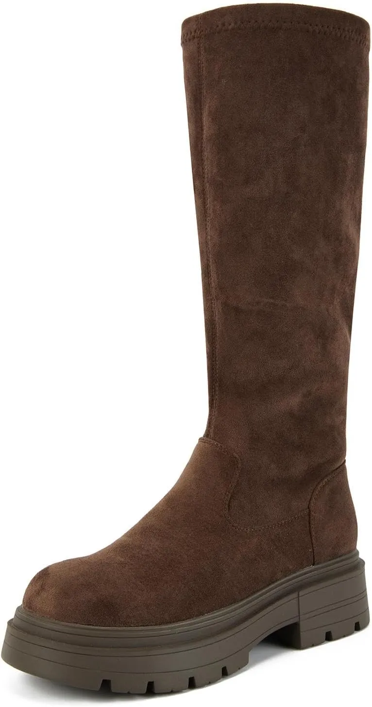 Putu Women's Platform Knee High Boots, Comfortable Faux Suede Chunky Block Heel Boots Round Toe Pull On Long Boots