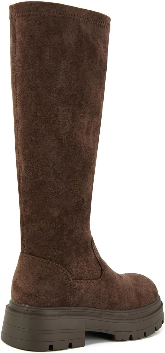 Putu Women's Platform Knee High Boots, Comfortable Faux Suede Chunky Block Heel Boots Round Toe Pull On Long Boots