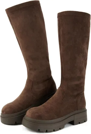 Putu Women's Platform Knee High Boots, Comfortable Faux Suede Chunky Block Heel Boots Round Toe Pull On Long Boots