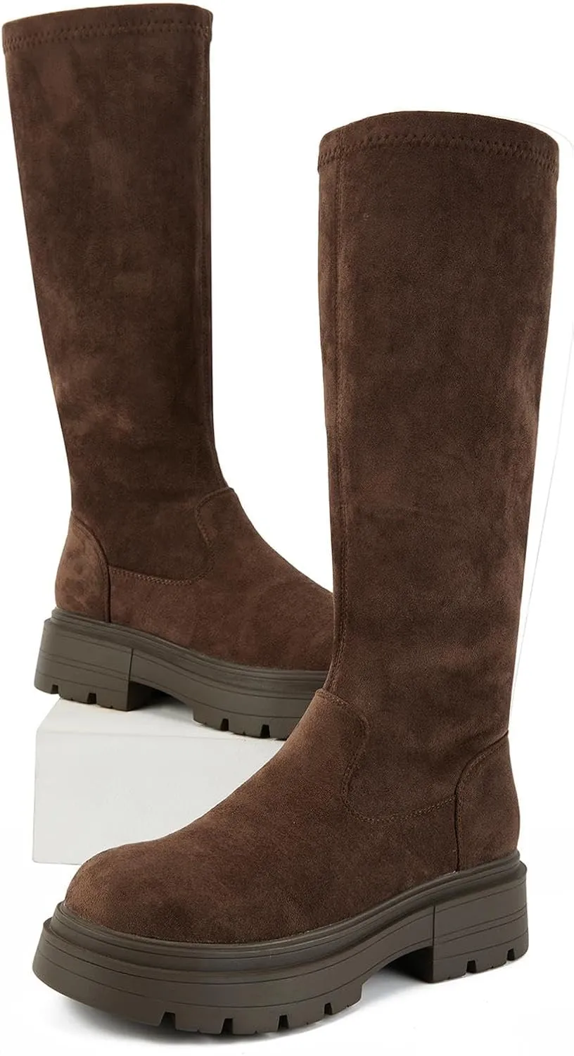 Putu Women's Platform Knee High Boots, Comfortable Faux Suede Chunky Block Heel Boots Round Toe Pull On Long Boots
