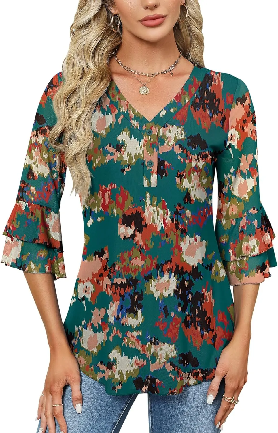 Rapbin Women Dressy Blouse 3/4 Sleeve Tiered Bell Sleeve Double Layers Mesh Shirt Trendy Flowy Tunic