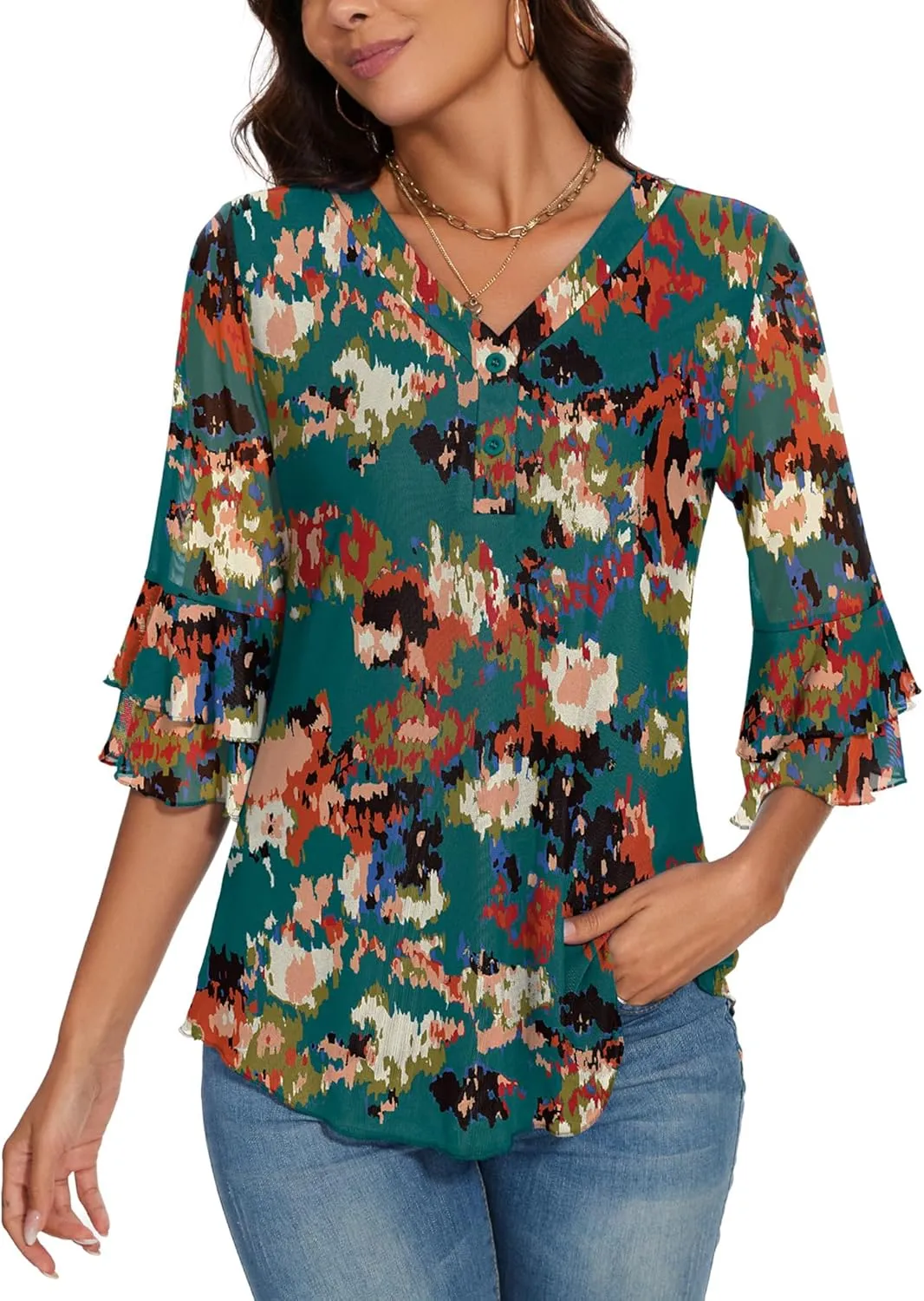 Rapbin Women Dressy Blouse 3/4 Sleeve Tiered Bell Sleeve Double Layers Mesh Shirt Trendy Flowy Tunic