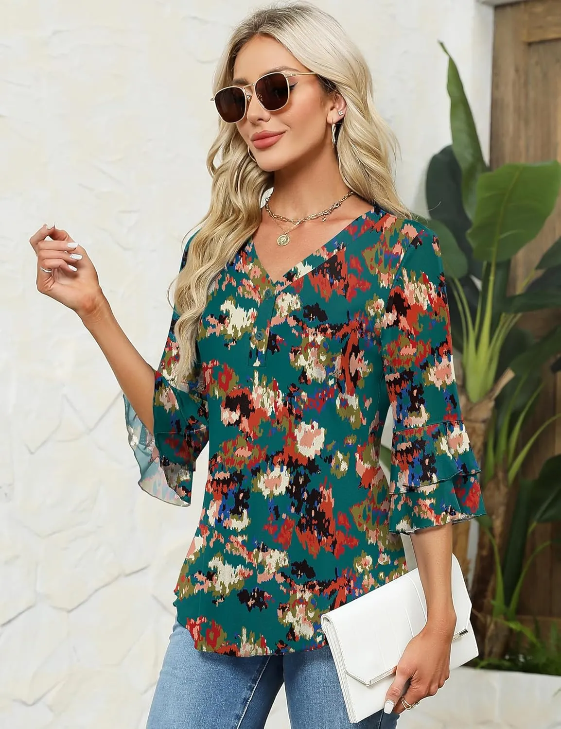 Rapbin Women Dressy Blouse 3/4 Sleeve Tiered Bell Sleeve Double Layers Mesh Shirt Trendy Flowy Tunic