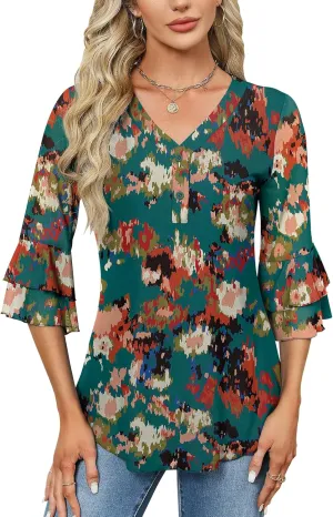 Rapbin Women Dressy Blouse 3/4 Sleeve Tiered Bell Sleeve Double Layers Mesh Shirt Trendy Flowy Tunic