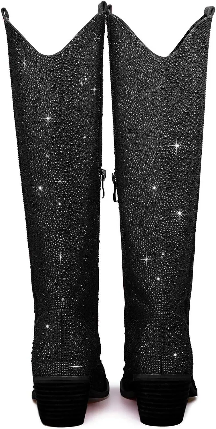 RKQ Women's Sparkly Rhinestone Western Glitter Pointed Toe Block mid Heel Knee High Cowboy Boots Zipper Pull-on Tabs for Girl Party Dating bling Cowgirl shoes