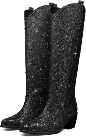 RKQ Women's Sparkly Rhinestone Western Glitter Pointed Toe Block mid Heel Knee High Cowboy Boots Zipper Pull-on Tabs for Girl Party Dating bling Cowgirl shoes