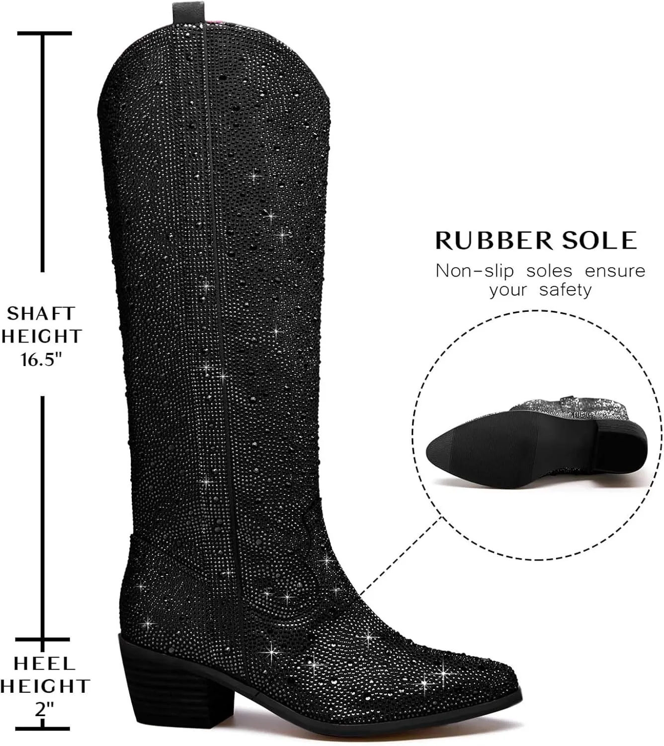 RKQ Women's Sparkly Rhinestone Western Glitter Pointed Toe Block mid Heel Knee High Cowboy Boots Zipper Pull-on Tabs for Girl Party Dating bling Cowgirl shoes