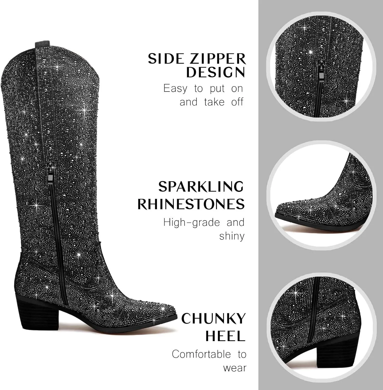 RKQ Women's Sparkly Rhinestone Western Glitter Pointed Toe Block mid Heel Knee High Cowboy Boots Zipper Pull-on Tabs for Girl Party Dating bling Cowgirl shoes