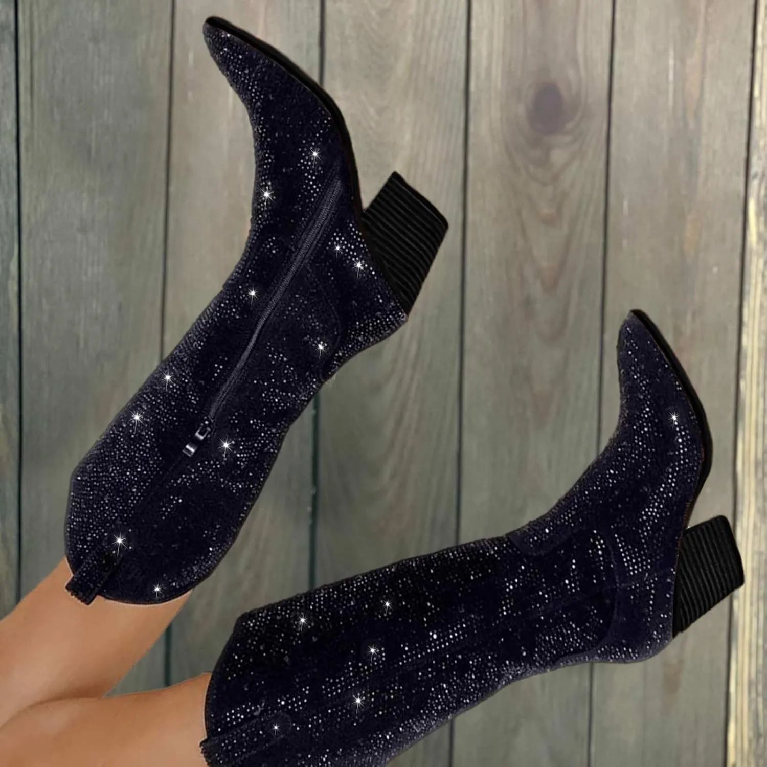RKQ Women's Sparkly Rhinestone Western Glitter Pointed Toe Block mid Heel Knee High Cowboy Boots Zipper Pull-on Tabs for Girl Party Dating bling Cowgirl shoes