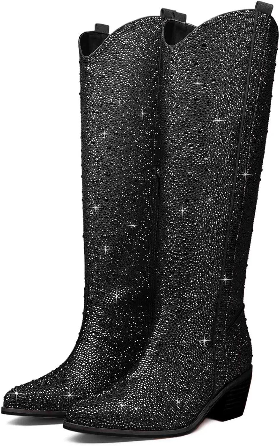 RKQ Women's Sparkly Rhinestone Western Glitter Pointed Toe Block mid Heel Knee High Cowboy Boots Zipper Pull-on Tabs for Girl Party Dating bling Cowgirl shoes