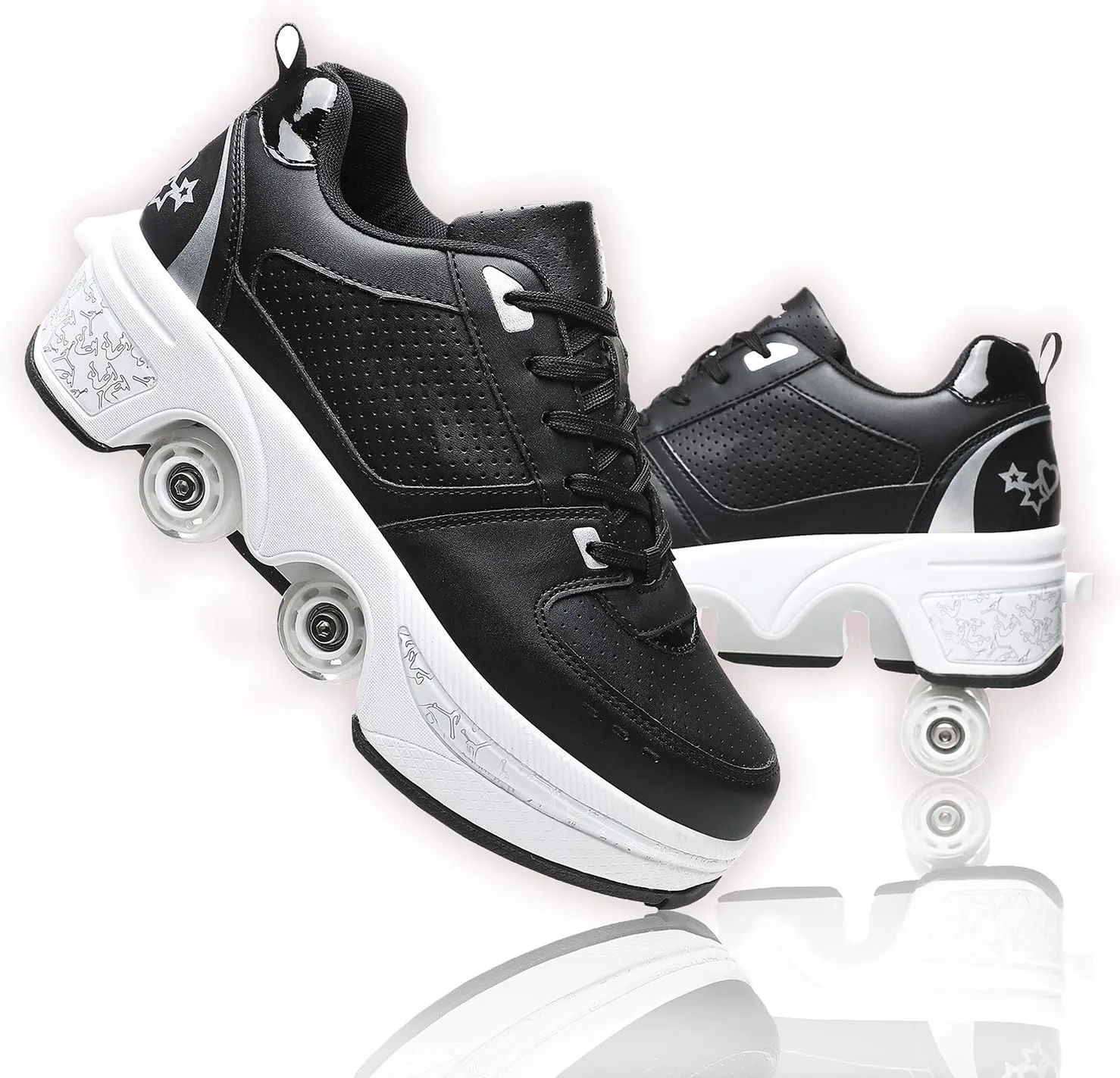 Roller Skate Shoes for Women Four Rounds Children's Roller Skates Shoes That Turn into Rollerskates Sneakers Outdoor Light Shoes with Wheels for Girls/Boys