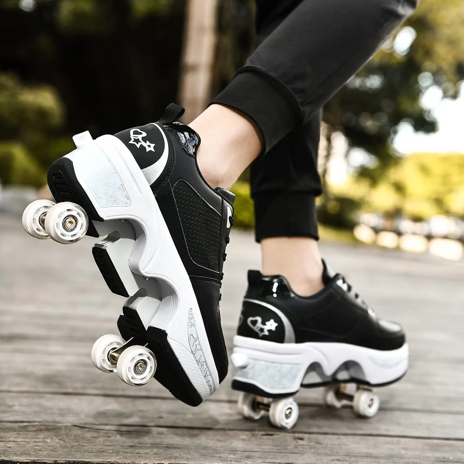 Roller Skate Shoes for Women Four Rounds Children's Roller Skates Shoes That Turn into Rollerskates Sneakers Outdoor Light Shoes with Wheels for Girls/Boys