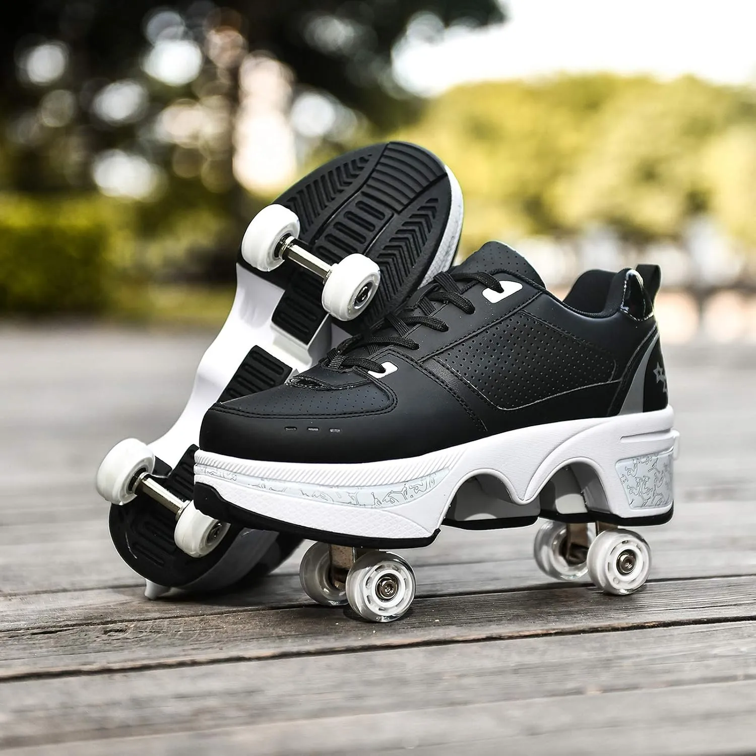 Roller Skate Shoes for Women Four Rounds Children's Roller Skates Shoes That Turn into Rollerskates Sneakers Outdoor Light Shoes with Wheels for Girls/Boys