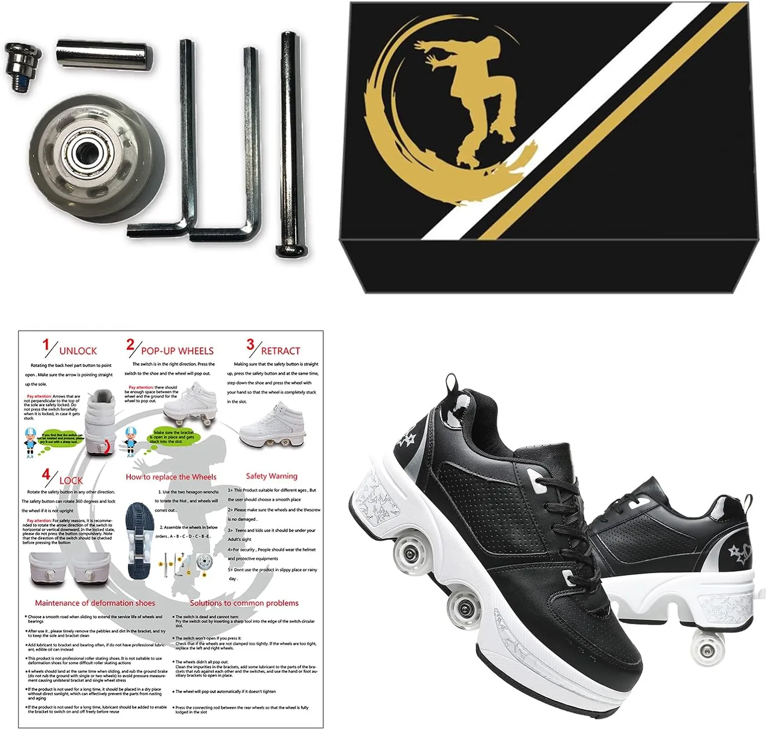Roller Skate Shoes for Women Four Rounds Children's Roller Skates Shoes That Turn into Rollerskates Sneakers Outdoor Light Shoes with Wheels for Girls/Boys