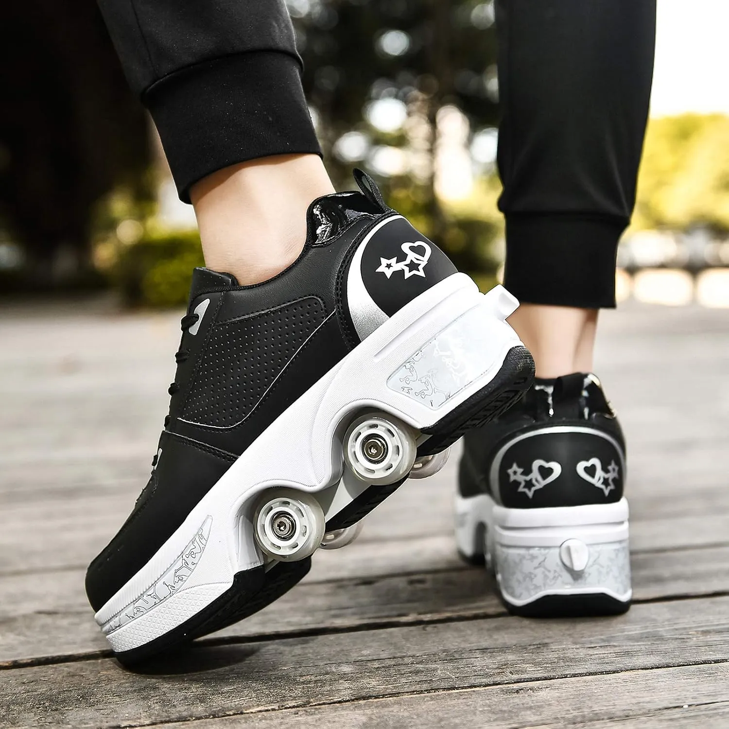 Roller Skate Shoes for Women Four Rounds Children's Roller Skates Shoes That Turn into Rollerskates Sneakers Outdoor Light Shoes with Wheels for Girls/Boys