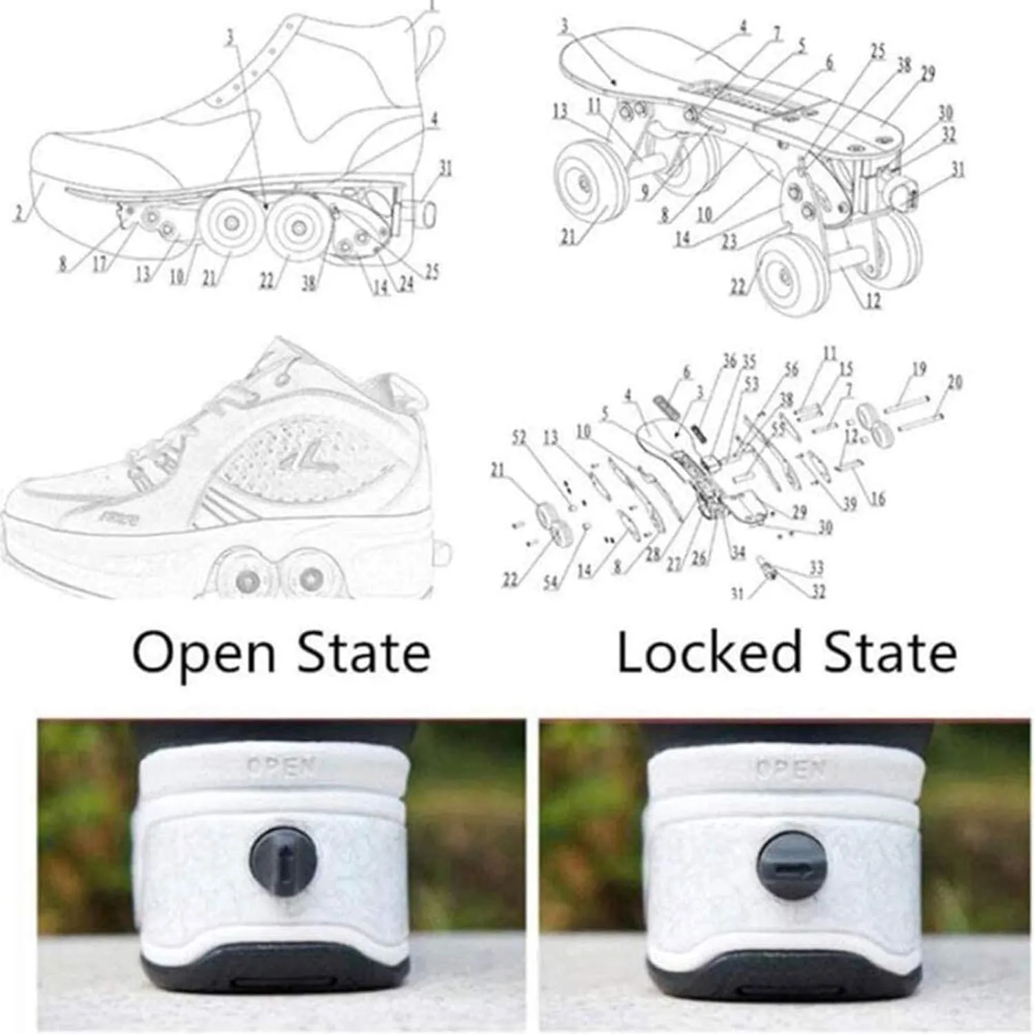 Roller Skate Shoes for Women Four Rounds Children's Roller Skates Shoes That Turn into Rollerskates Sneakers Outdoor Light Shoes with Wheels for Girls/Boys
