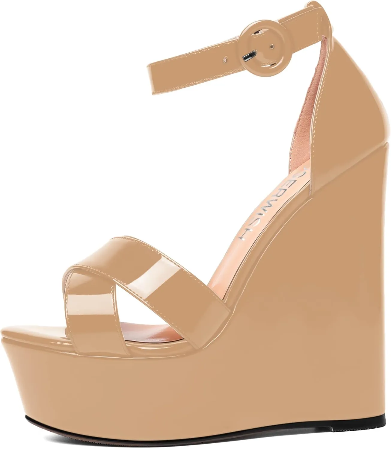 ROSERWISH Womens Evening Buckle Platform Ankle Strap Dressy Open Toe Sexy Patent Wedge High Heel Heeled Sandals 6 Inch