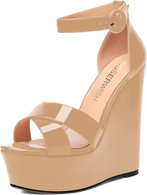 ROSERWISH Womens Evening Buckle Platform Ankle Strap Dressy Open Toe Sexy Patent Wedge High Heel Heeled Sandals 6 Inch