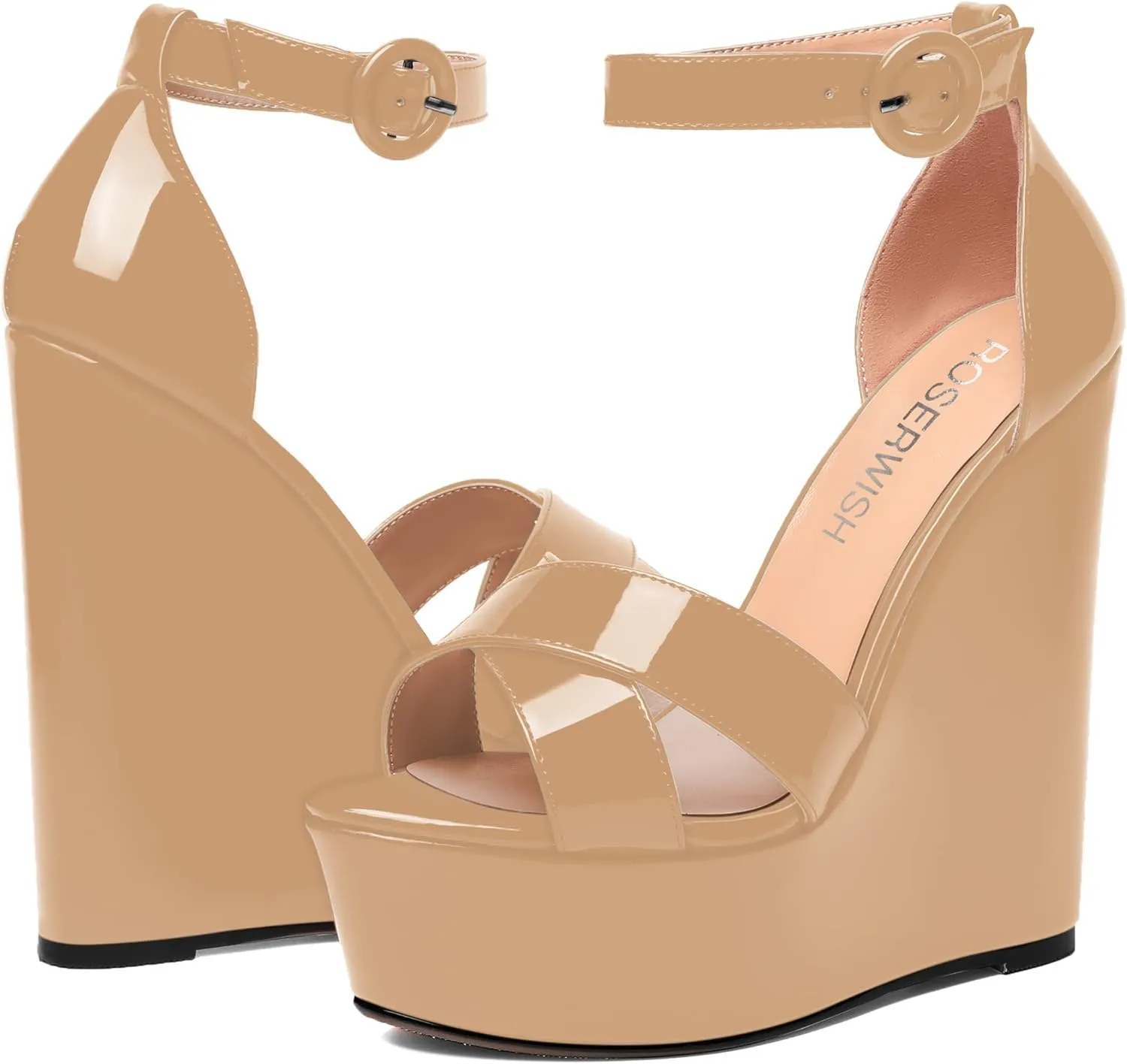 ROSERWISH Womens Evening Buckle Platform Ankle Strap Dressy Open Toe Sexy Patent Wedge High Heel Heeled Sandals 6 Inch