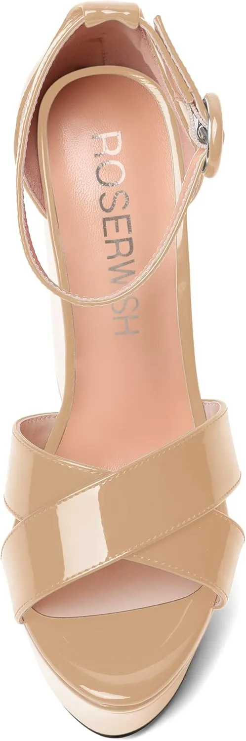 ROSERWISH Womens Evening Buckle Platform Ankle Strap Dressy Open Toe Sexy Patent Wedge High Heel Heeled Sandals 6 Inch