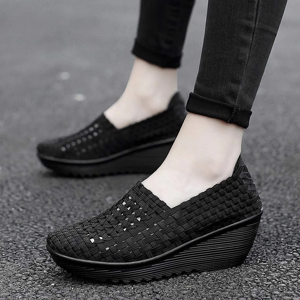 Ruiatoo Women's Platform Wedge Sandals Comfortable Walking Shoes Woven Pumps Mary Jane Shoes