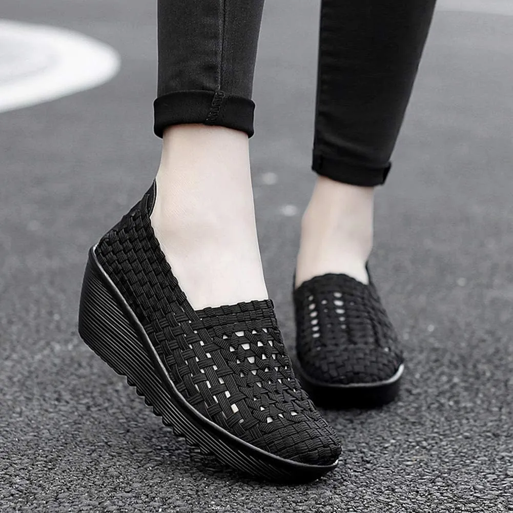 Ruiatoo Women's Platform Wedge Sandals Comfortable Walking Shoes Woven Pumps Mary Jane Shoes
