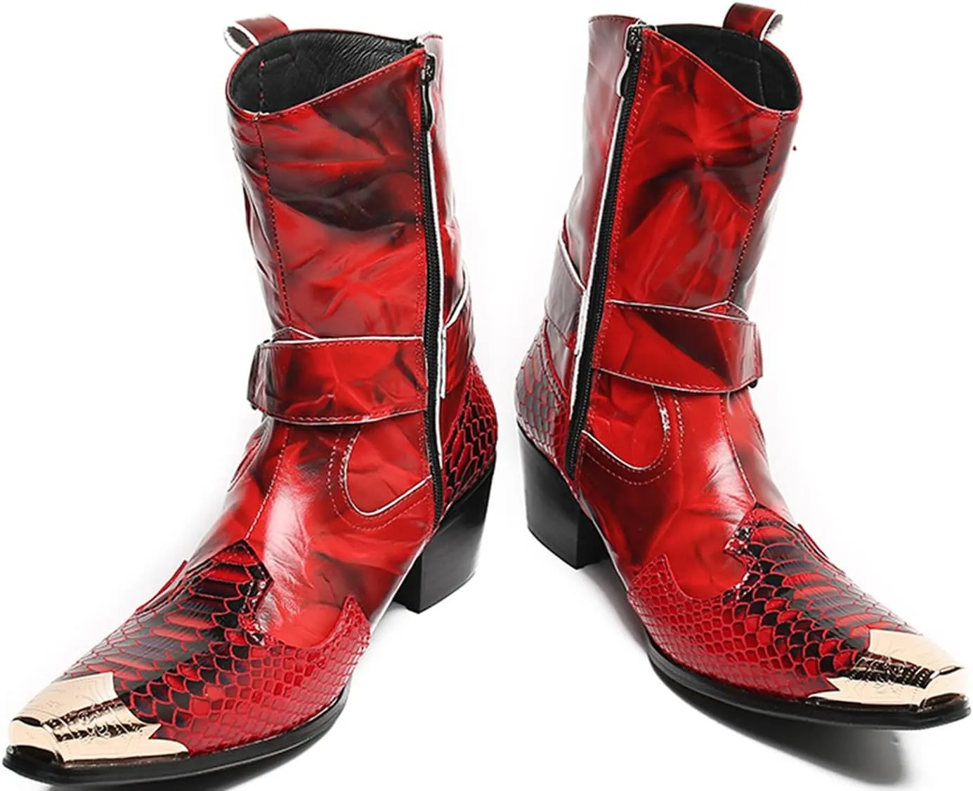 Santimon Cowboy Boot for Men Dress Casual Genuine Leather High Top Boots Metal Wingtip Zipper on Size Western Boots Fashion Wedding Singer Bar Party Ballroom Personalized Chelsea Boots