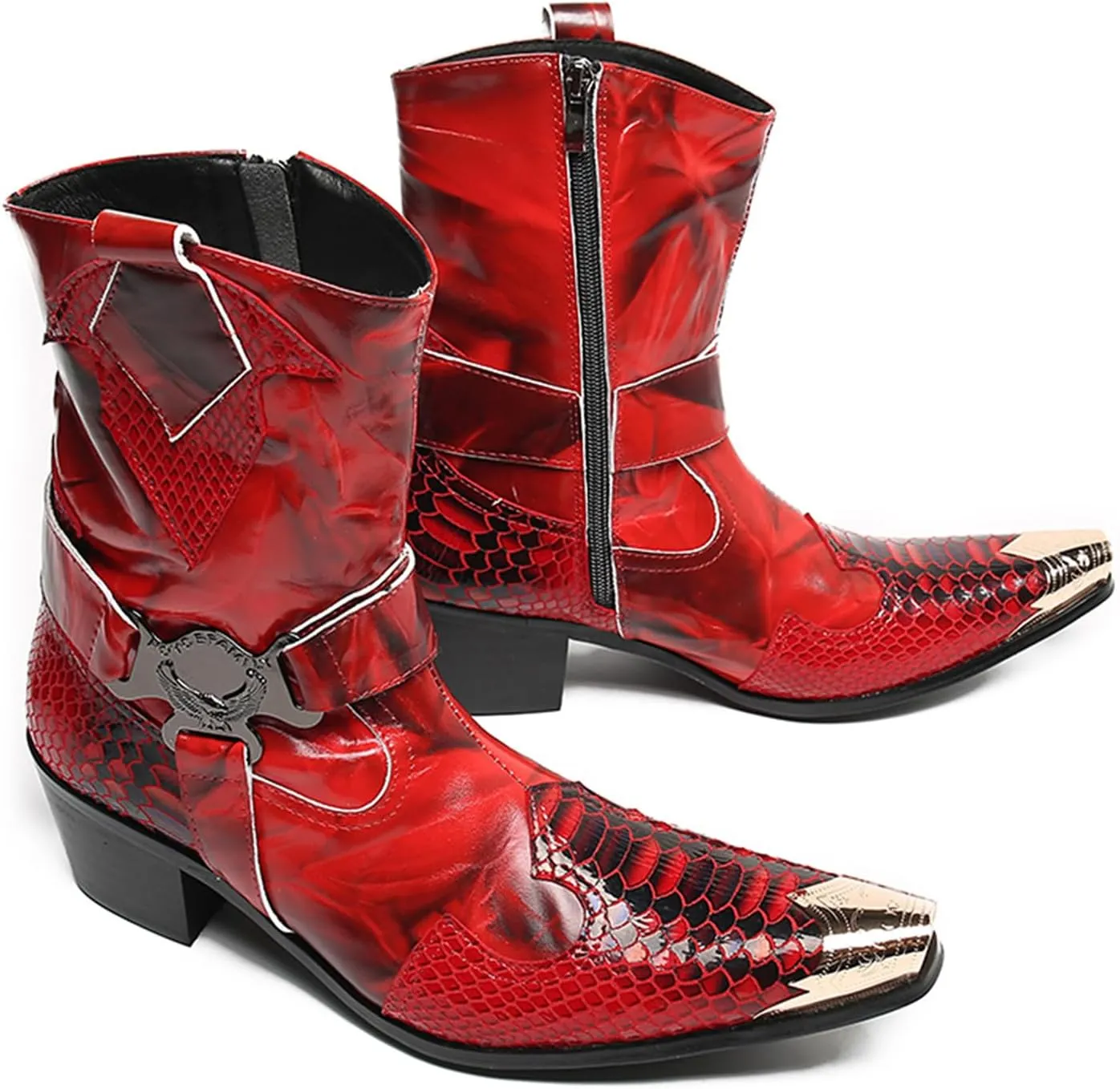 Santimon Cowboy Boot for Men Dress Casual Genuine Leather High Top Boots Metal Wingtip Zipper on Size Western Boots Fashion Wedding Singer Bar Party Ballroom Personalized Chelsea Boots