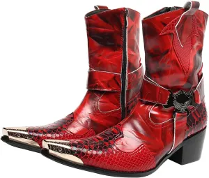 Santimon Cowboy Boot for Men Dress Casual Genuine Leather High Top Boots Metal Wingtip Zipper on Size Western Boots Fashion Wedding Singer Bar Party Ballroom Personalized Chelsea Boots