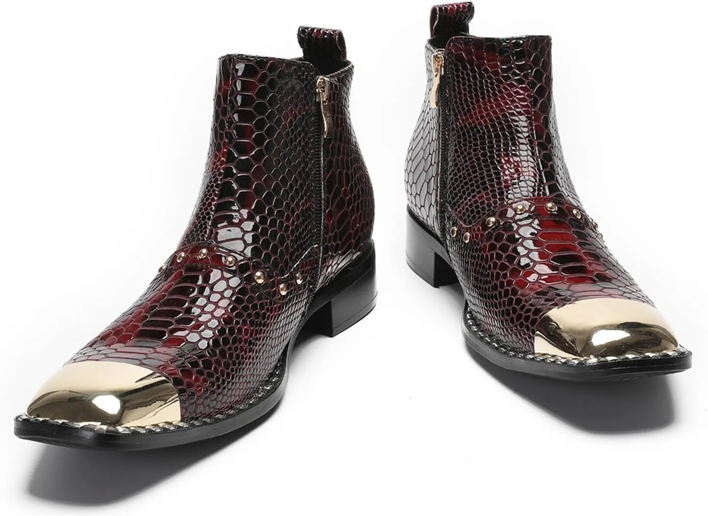 Santimon Men's Chelsea Boots Casual Dress Genuine Leather Ankle Boots Metal-Square Toe Snakeskin Texture Beads Western Boots Fashion Prom Wedding Tuxedo Ballroom Party Disco Cowboy Boots for Men