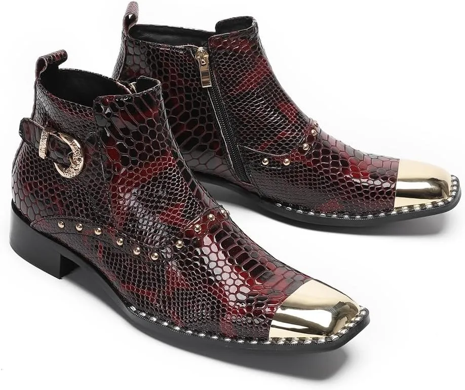 Santimon Men's Chelsea Boots Casual Dress Genuine Leather Ankle Boots Metal-Square Toe Snakeskin Texture Beads Western Boots Fashion Prom Wedding Tuxedo Ballroom Party Disco Cowboy Boots for Men