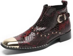 Santimon Men's Chelsea Boots Casual Dress Genuine Leather Ankle Boots Metal-Square Toe Snakeskin Texture Beads Western Boots Fashion Prom Wedding Tuxedo Ballroom Party Disco Cowboy Boots for Men