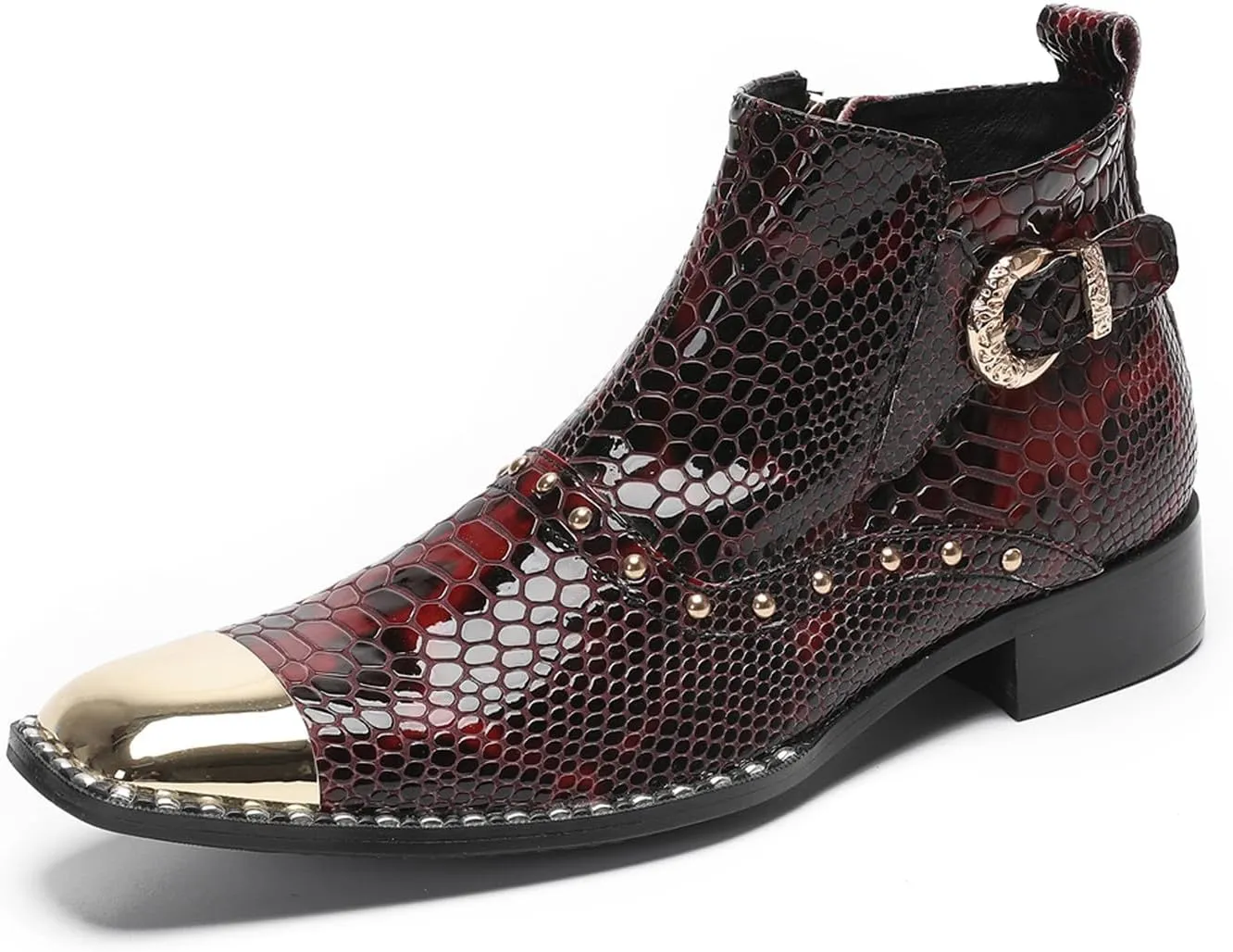 Santimon Men's Chelsea Boots Casual Dress Genuine Leather Ankle Boots Metal-Square Toe Snakeskin Texture Beads Western Boots Fashion Prom Wedding Tuxedo Ballroom Party Disco Cowboy Boots for Men