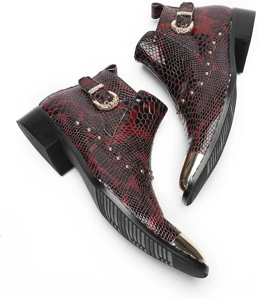 Santimon Men's Chelsea Boots Casual Dress Genuine Leather Ankle Boots Metal-Square Toe Snakeskin Texture Beads Western Boots Fashion Prom Wedding Tuxedo Ballroom Party Disco Cowboy Boots for Men