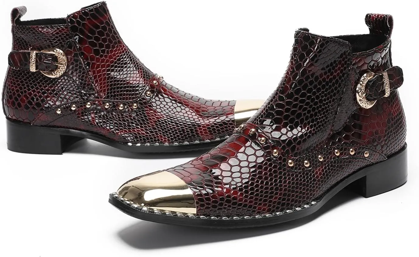 Santimon Men's Chelsea Boots Casual Dress Genuine Leather Ankle Boots Metal-Square Toe Snakeskin Texture Beads Western Boots Fashion Prom Wedding Tuxedo Ballroom Party Disco Cowboy Boots for Men