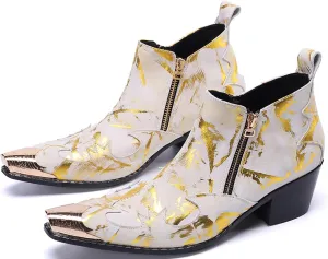 Santimon Mens Chelsea Boots Dress Casual Party Metal Tip Toe Genuine Leather Double Zipper Two Tone Ankle Boots Fashion Western Cowboy Disco Ballroom Wedding Tuxedo Chukka Boots