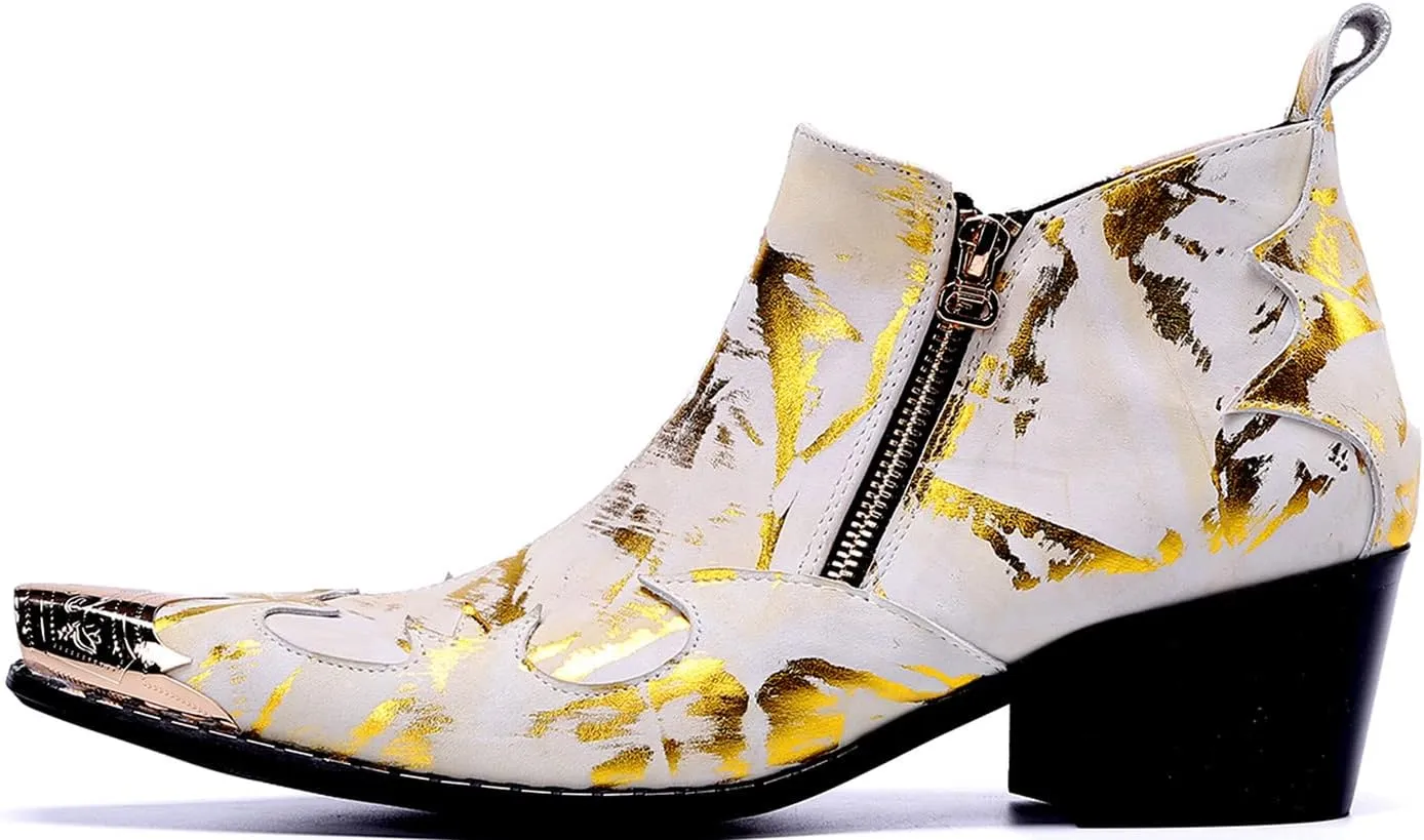 Santimon Mens Chelsea Boots Dress Casual Party Metal Tip Toe Genuine Leather Double Zipper Two Tone Ankle Boots Fashion Western Cowboy Disco Ballroom Wedding Tuxedo Chukka Boots