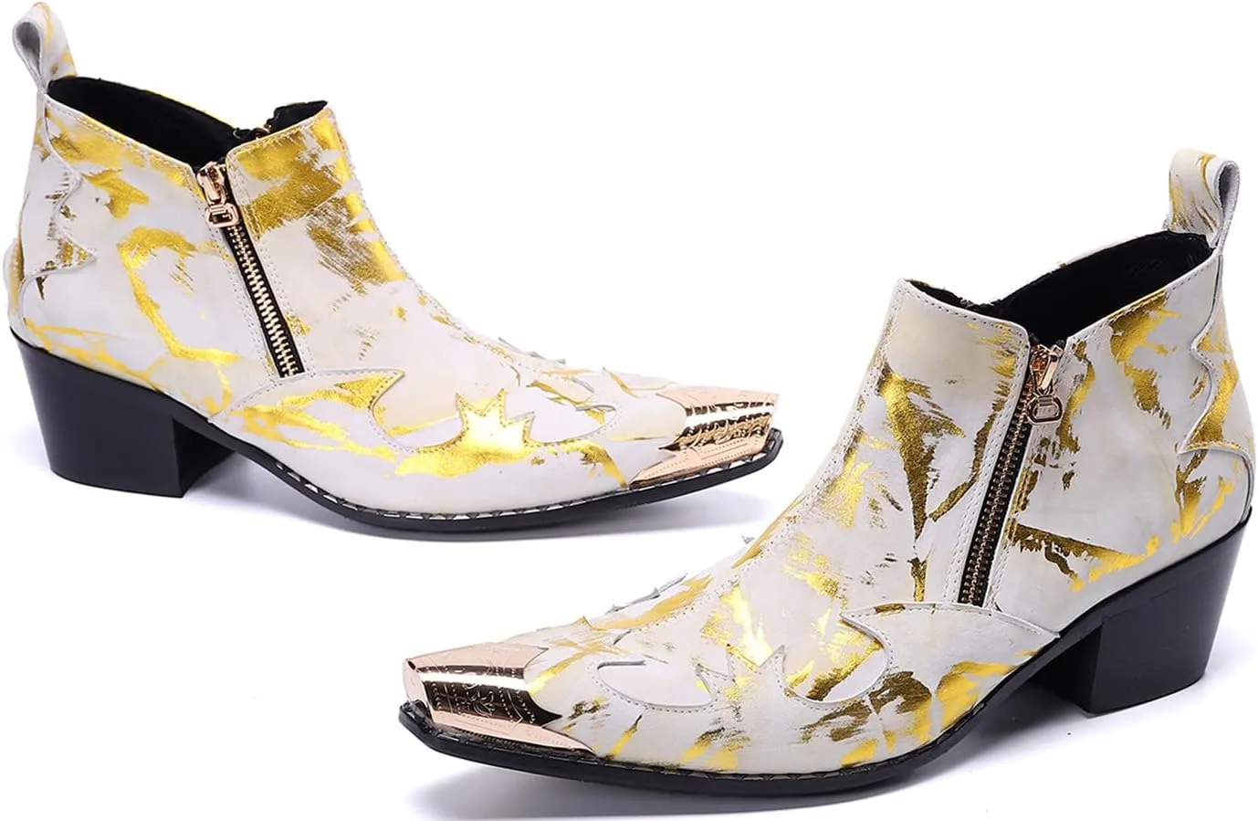 Santimon Mens Chelsea Boots Dress Casual Party Metal Tip Toe Genuine Leather Double Zipper Two Tone Ankle Boots Fashion Western Cowboy Disco Ballroom Wedding Tuxedo Chukka Boots