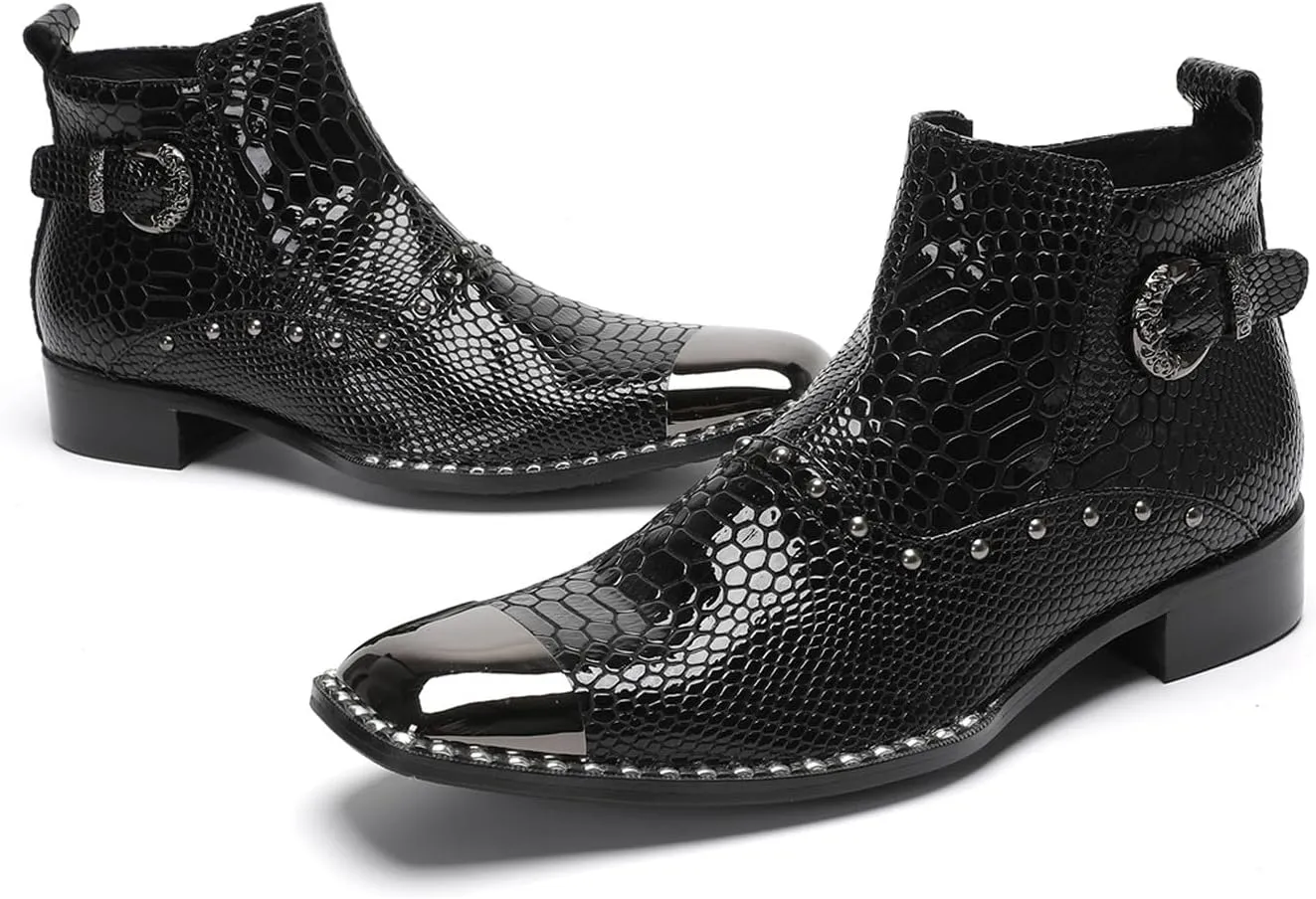 Santimon Men’s Dress Casual Ankle Chelsea Boots - Genuine Leather Snakeskin Texture Western Cowboy Boots with Metal Square Toe & Beads for Wedding, Party & Night Out