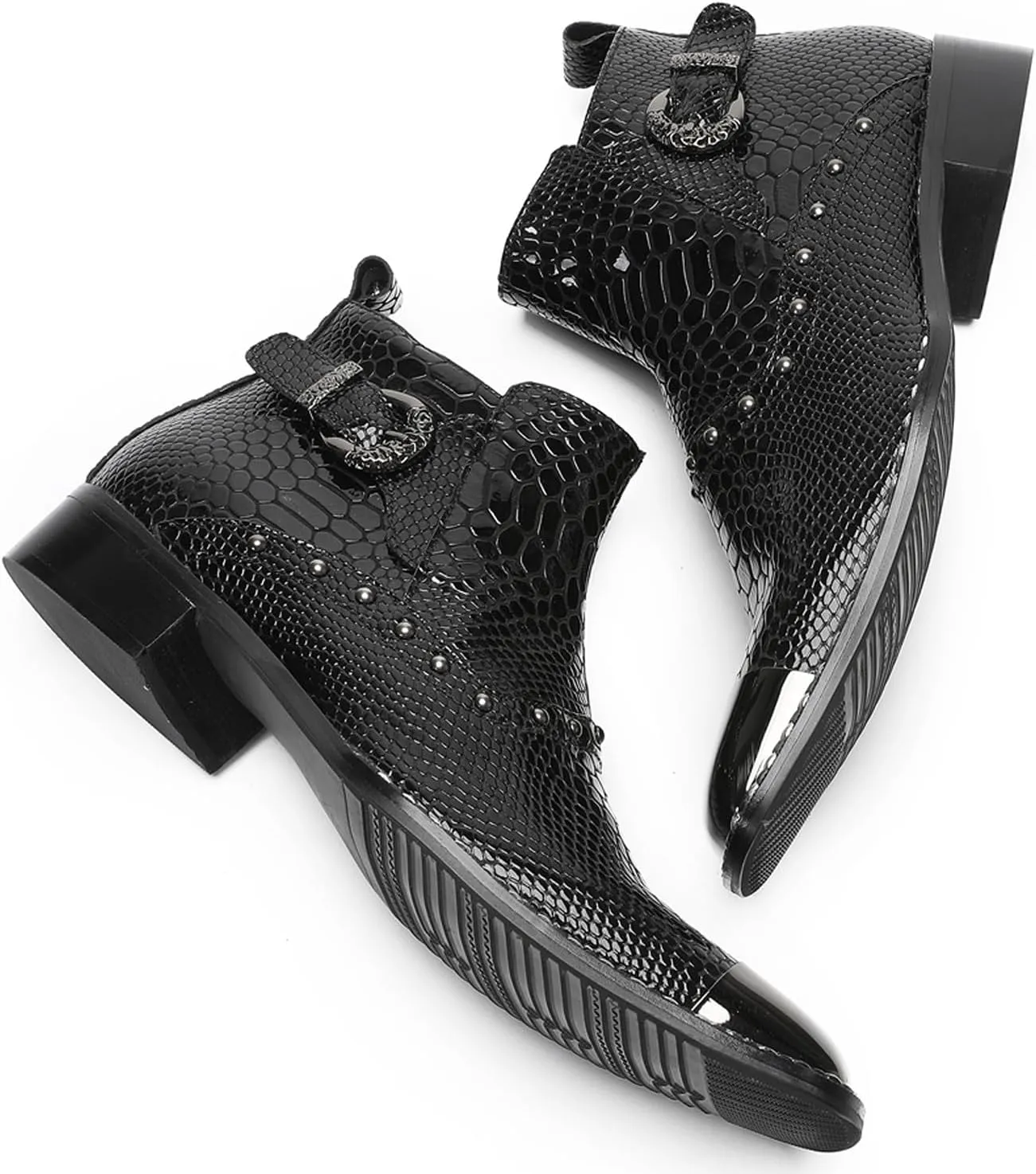 Santimon Men’s Dress Casual Ankle Chelsea Boots - Genuine Leather Snakeskin Texture Western Cowboy Boots with Metal Square Toe & Beads for Wedding, Party & Night Out