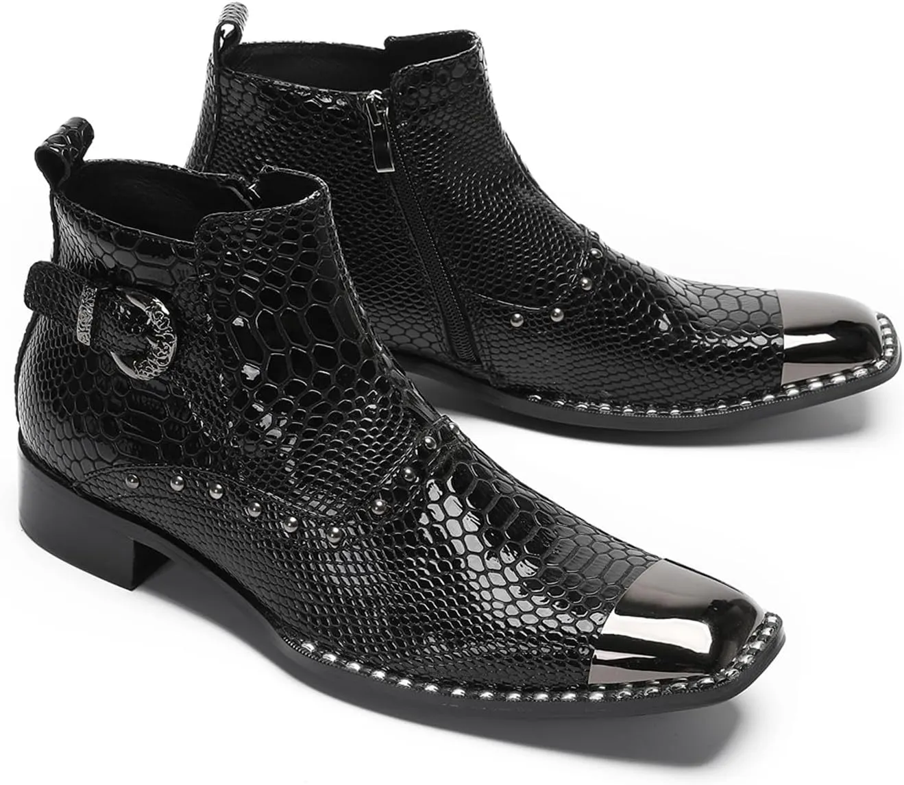 Santimon Men’s Dress Casual Ankle Chelsea Boots - Genuine Leather Snakeskin Texture Western Cowboy Boots with Metal Square Toe & Beads for Wedding, Party & Night Out