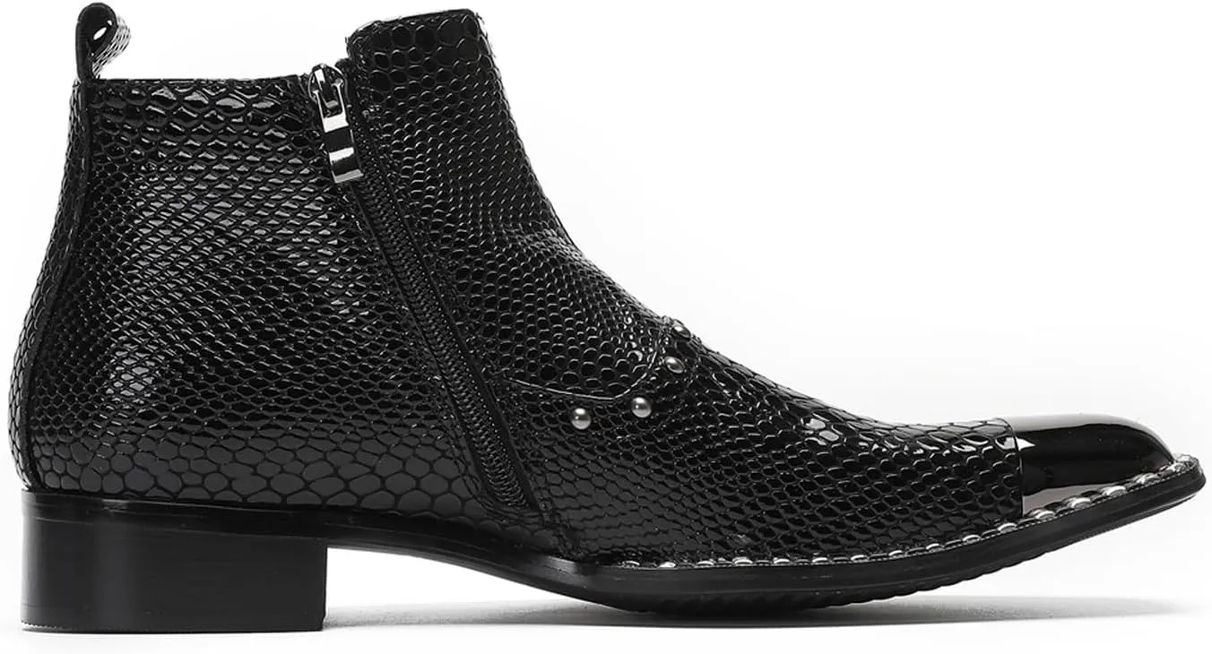 Santimon Men’s Dress Casual Ankle Chelsea Boots - Genuine Leather Snakeskin Texture Western Cowboy Boots with Metal Square Toe & Beads for Wedding, Party & Night Out