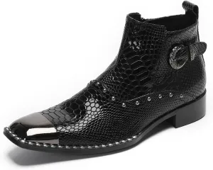Santimon Men’s Dress Casual Ankle Chelsea Boots - Genuine Leather Snakeskin Texture Western Cowboy Boots with Metal Square Toe & Beads for Wedding, Party & Night Out