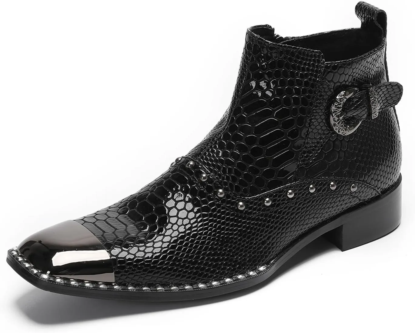 Santimon Men’s Dress Casual Ankle Chelsea Boots - Genuine Leather Snakeskin Texture Western Cowboy Boots with Metal Square Toe & Beads for Wedding, Party & Night Out